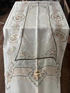 Tovaglia vintage ricamata rose tagliate floreale 72" x 105" satinata setosa - Foto 1 di 16