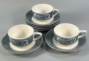 Royal Cavalier Currier & Ives blau (3) Tassen plus (6) Untertassen Top Zustand - Bild 1 von 23