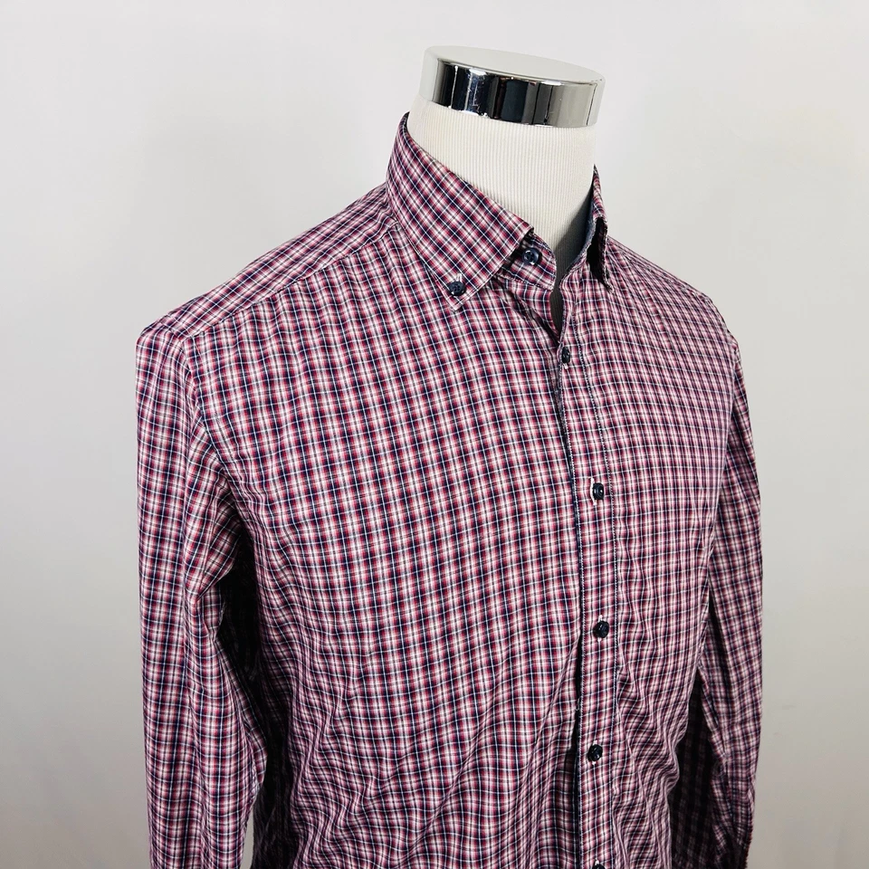 Paco Rabanne Medium Slim Fit Shirt Red White Blue Plaid Cotton Button Down - Image 1 of 4