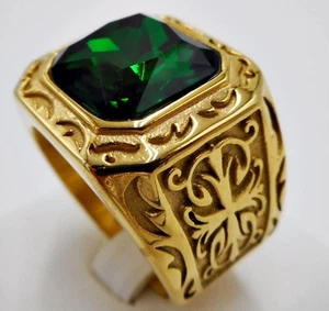 MEN RING EMERALD STAINLESS STEEL YELLOW GOLD SQUARE CROSS FLEUR DE LIS HUGE SZ 9 - Picture 1 of 5