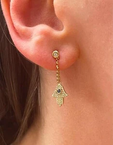 Sophia By Design Hamsa Diamond & Blue Sapphire Chain Dangle 14K Gold Earrings - Picture 1 of 5