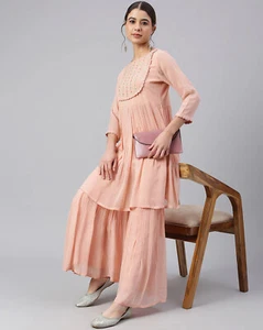 Indian New Trends Women Girls Floral Embroidered Georgette Flared Kurta Set - Picture 1 of 6