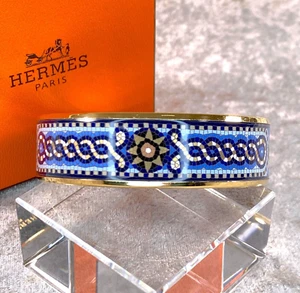 Vintage Hermes Enamel Bangle Bracelet Blue Enamel Mosaique Gold Rim 65 w/Box - Picture 1 of 18