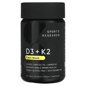 D3 + K2, Plant Based, 125 mcg/100 mcg, 60 Veggie Softgels - Picture 1 of 3