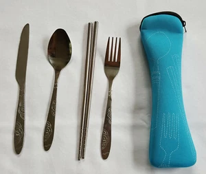 New 5 pc Travel Silverware set w/ Case Light Blue - Picture 1 of 4