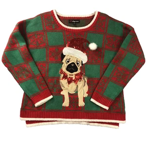 Ugly Christmas XXL Pullover Mops Pailletten in Nikolausmütze 3D rot & grün Acryl Mängel - Bild 1 von 12