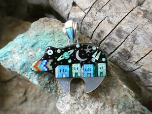 Bear Galaxy Night Sky Inlay Multi Gemstone Fire Opal Sterling Silver Pendant R17 - Picture 1 of 10