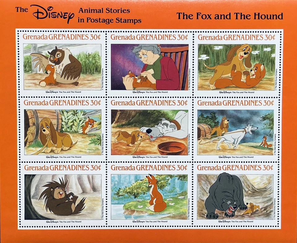 HOJA DE SELLOS DE GRANADA GREN DISNEY HISTORIAS DE ANIMALES EL ZORRO Y EL SABUESO 1988 MNH Foto 1 de 1
