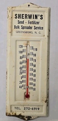 Termómetro publicitario Sherwins fertilizante de semillas esparcidor a granel Greensboro NC  Foto 1 de 4