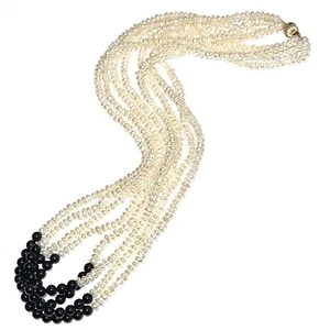 14K Gold Rocailles Schwarz Onyx Perlen 4-Strang Halskette 14Kt Gelbgold Vintage - Bild 1 von 4