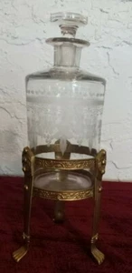 Antique Hand Blown/Etched Glass Bottle in Bronze Stand, Floral Motif - Picture 1 of 10