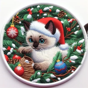 Siamese Cat in Christmas Tree Patch Printed Embroidered Iron-on Applique Cute - Picture 1 of 11