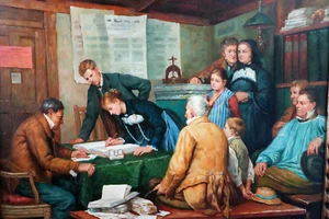 GEMÄLDE MIT SELTENER DARSTELLUNG VON BUCHDRUCKER UND SCHRIFTSETZER - ÖL AUF HOLZ - Bild 1 von 21
