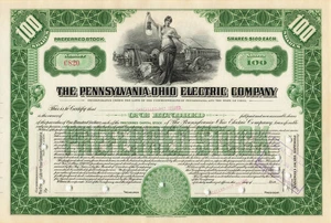 STOCK CERTIFICATE - 100 PREFERRED SHARES - PENNSYLVANIA OHIO ELECTRIC CO 1927 - Picture 1 of 2