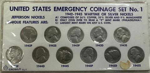 US Emergency Coinage Set No. 1  1942-1945 War Time Nickels 35% Silver San P D S Cover