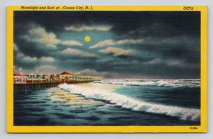 Postal Moon Light Nueva Jersey Ocean City y Surf Sin Publicar Lino Borde Amarillo - Imagen 1 de 2