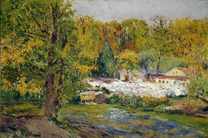 Oil painting aureliano de beruete y moret - Autumn Landscape village by river - Picture 1 of 1