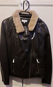 CAPTURE Black 100% Leather Jacket with Faux Fur Lining Size 14 NWT