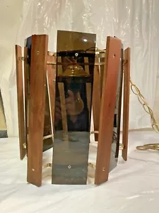 Vtg MCM Swag Lamp Light w Smoked Lucite & Wood Panels - Picture 1 of 8