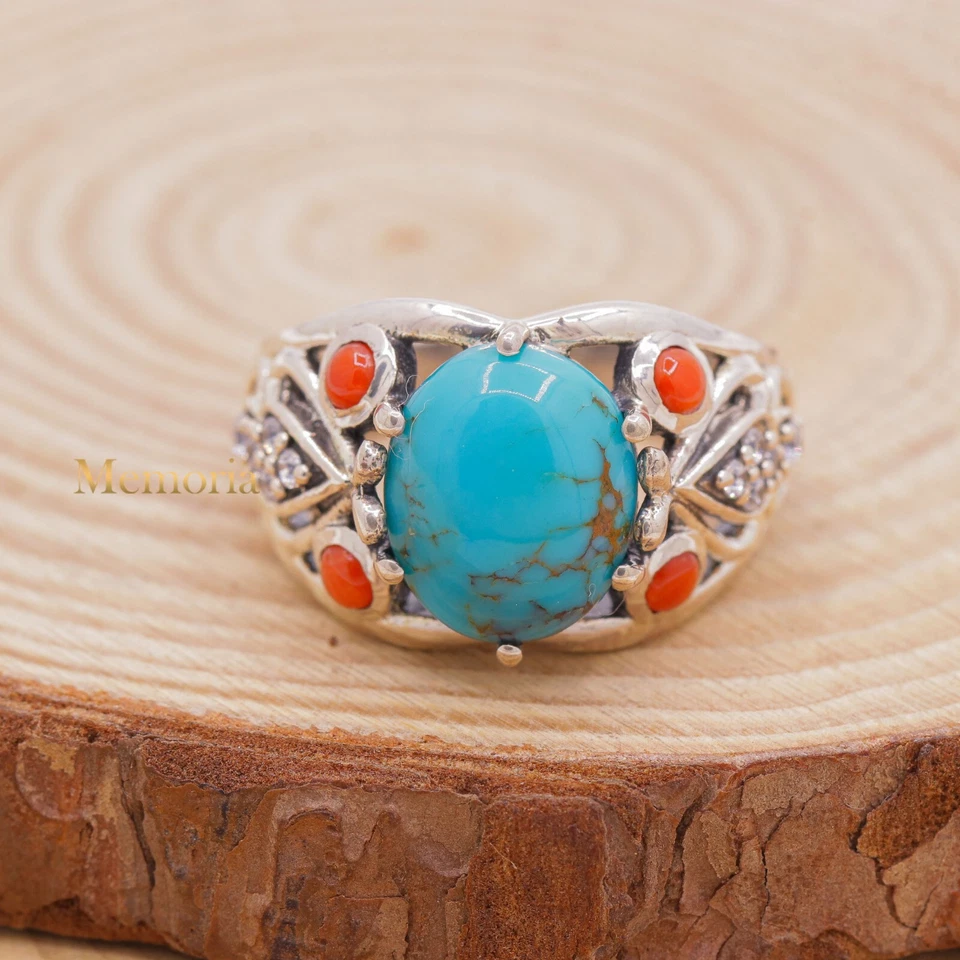 925 Argento Sterling Turchese Naturale, Corallo & Zirconia Cubica Boho Gioielli - Immagine 1 di 1