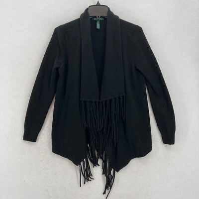 Cárdigan Lauren Ralph Lauren Negro Flecos Suéter Lana Cachemira Grande Western Foto 1 de 4