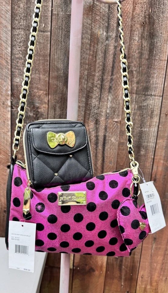 Betsey Johnson Dottie Dots Pink Black Polka Dots Crossbody Handbag Bg18055