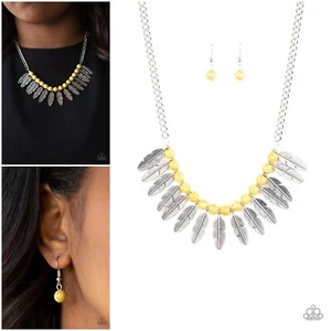 Paparazzi Yellow Necklace set Desert Plumes silver feathers NWT - Picture 1 of 1
