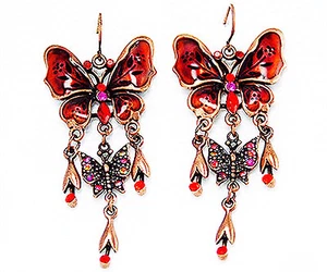 DESIGNER INSPIRED 2.5" RED CRYSTAL ENAMEL DROP BUTTERFLY HOOK GOLD EARRINGS NEW - Picture 1 of 2