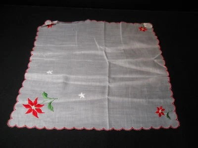 VTG Christmas Hankie Handkerchief NWT Embroidered Poinsettias Scalloped Edge - Image 1 of 4