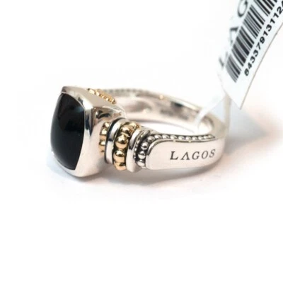 LAGOS Nuova Argento & 18K Oro Giallo Color Caviar Onice Nera 10x8mm Misura - Immagine 1 di 4