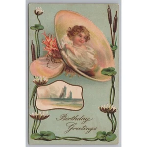Antigua Postal Cumpleaños Felicitaciones Lirios Envíos Hojas Calalillies Shell c1900 - Imagen 1 de 2