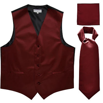 New Men's Solid Tuxedo Vest Waistcoat & Ascot Cravat Burgundy Wedding formal - Image 1 of 4