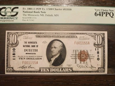 1929 $10 MINNESOTA NATIONAL BANK OF DULUTH BANKNOTE CURRENCY #11810 PCGS 64 PPQ - Image 1 of 2