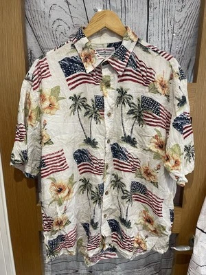 Boca Classics XL USA Flag Palm Tree Hawaain Tropical Aloha Holiday Floral Shirt - Image 1 of 4