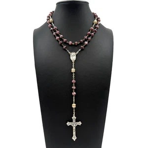 Vintage Italien Murano Stil Lila Glas 36" Rosenkranz Verziert Silber Kruzifix Perlen - Bild 1 von 15