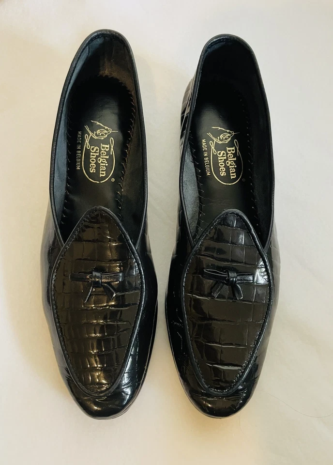 Mujer BÉLGICA Zapatos Midinette Negro Croco Charol Becerro Mocasines Zapatos 7 N Foto 1 de 4