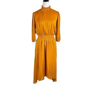 Nanette Lepore 8 Mustard Gold Sparkle Stripes Smocked Neck 3/4 Sleeve Midi Dress - Picture 1 of 11