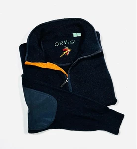 Orvis Herren Pullover Kaschmir Wolle L Navy Quarter-Zip Sweater mit hellbraunem Leder - Bild 1 von 5