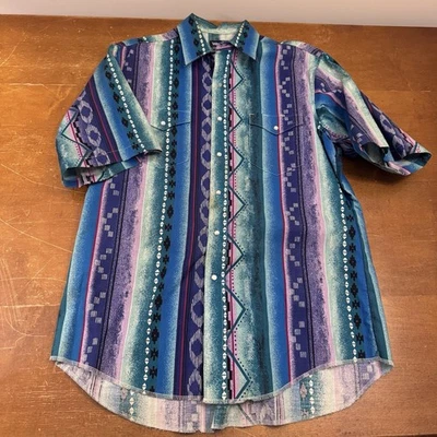 Camisa Wrangler De Colección Para Hombres Grande Azul Azteca Corte Vaquero Perla A Presión Occidental Años 90 Foto 1 de 4