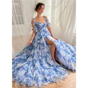 V-Neck Princess Prom Dresses Side High Split Party Dress Ruffle Evening Dresses - Picture 1 of 9