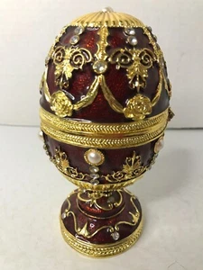 Vintage Red & GoldTone Egg Shaped Music Box - Flowers, Rhinestones & Pearl Works - Picture 1 of 4