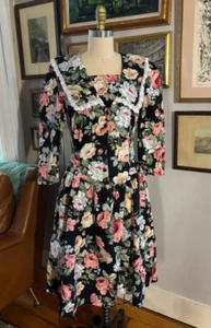 Vintage Misty Rose Cottagecore Floral Collar Puff Sleeve Basque Waist Dress 13 - Picture 1 of 12