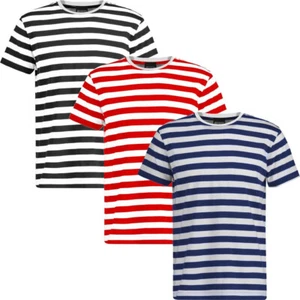 Mens Short Sleeve Stripe T-Shirt New Casual Classic Fit Crew Round Neck Tee Tops - Picture 1 of 10