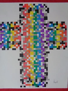 OP-Art Grafik, Geom. Komposition, Religion, Symbolik, LGBTQ-KREUZ, Burgschat - Bild 1 von 2