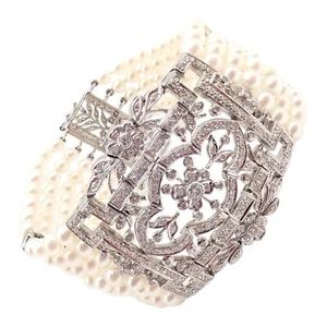 Vintage Perlenarmband Nachlass 18 Karat Weißgold Diamant 7-reihig 4,5 mm - Bild 1 von 15