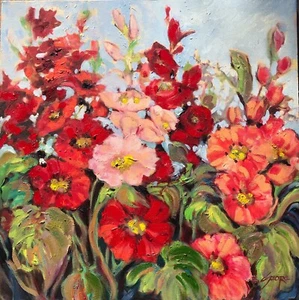 EVA SZORC Floral Painting Original Oil On Canvas “Hollyhocks Presentation” Gift - Imagen 1 de 2