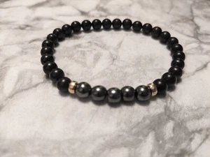 mens 9ct gold bracelet natural black jet Hematite Fathers Day Gift - Picture 1 of 8