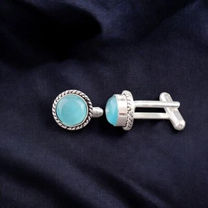 Blue Cat's Eye Gemstone 925 Sterling Silver Jewelry Partywear Cufflinks 0.51" - Picture 1 of 6