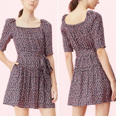 Vestido Rebecca Taylor Francesca Azul Marino Estampado Floral Mezcla Seda Cuello Cuadrado Talla 8 Foto 1 de 4