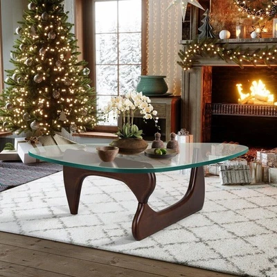 Classic Noguchi Style Coffee Table Triangle Glass Premium Dark Walnut Solid Wood - Image 1 of 4